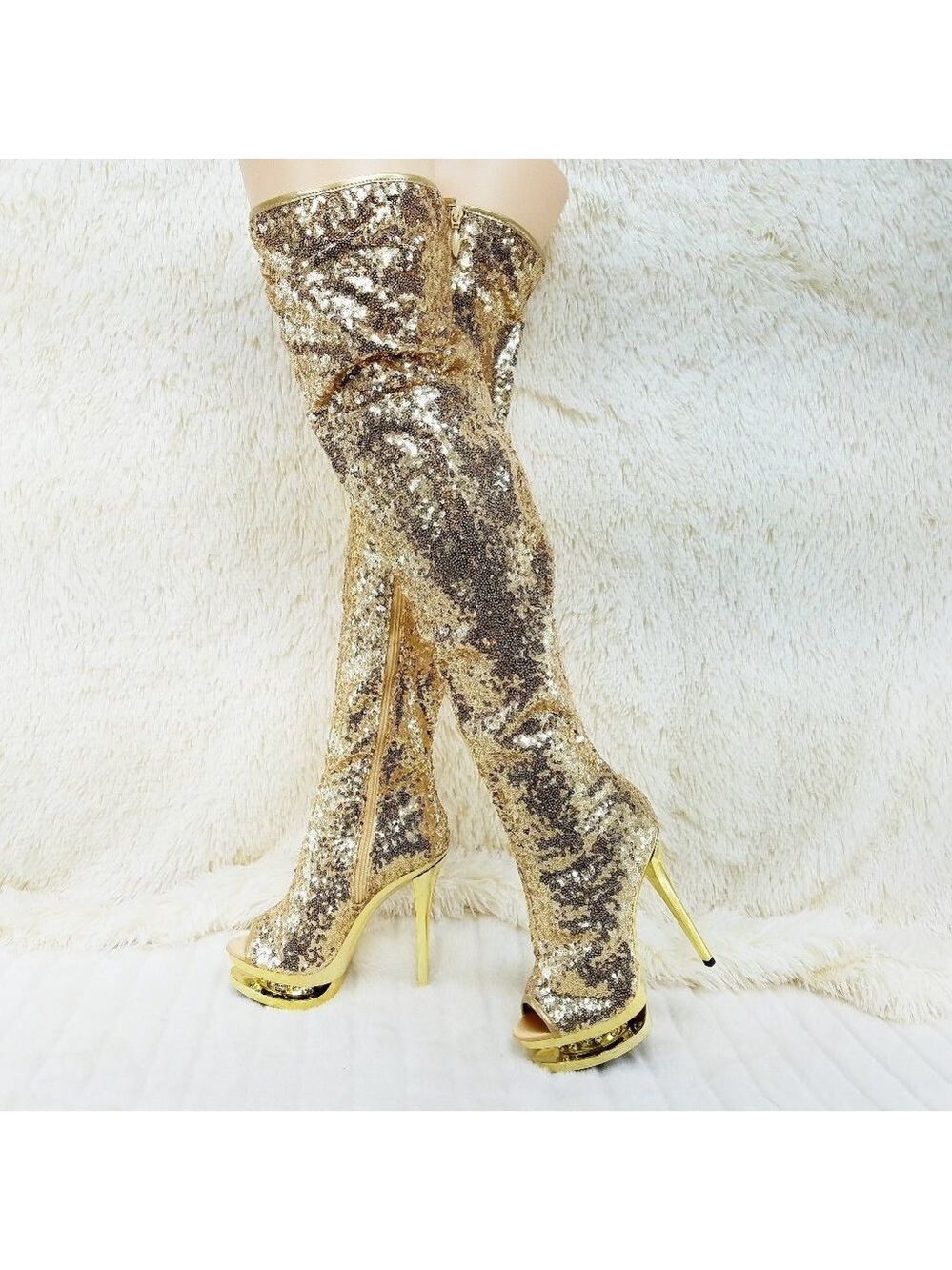 Blondie Gold Sequin Open Toe Thigh High Heel Boots 3011